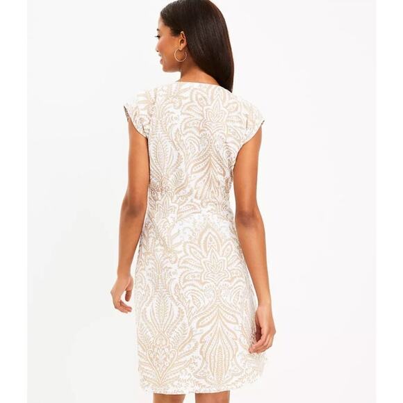 Loft Women Short Sleeve Linen Blend Button Front Dress 6 Tan Cream Floral V Neck - Picture 2 of 11